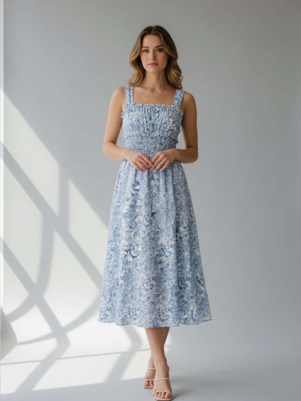 Smocked Square-Neck Midi Dress in Light Blue Floral